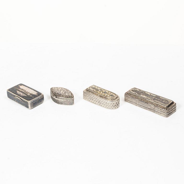 Boxes, 4 pcs, silver and niello, including Moscow, Russia 1873.