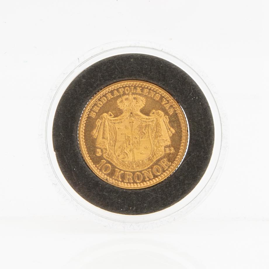 Guldmynt Sverige, Oscar II 10 kr, 1883, felpräglat.