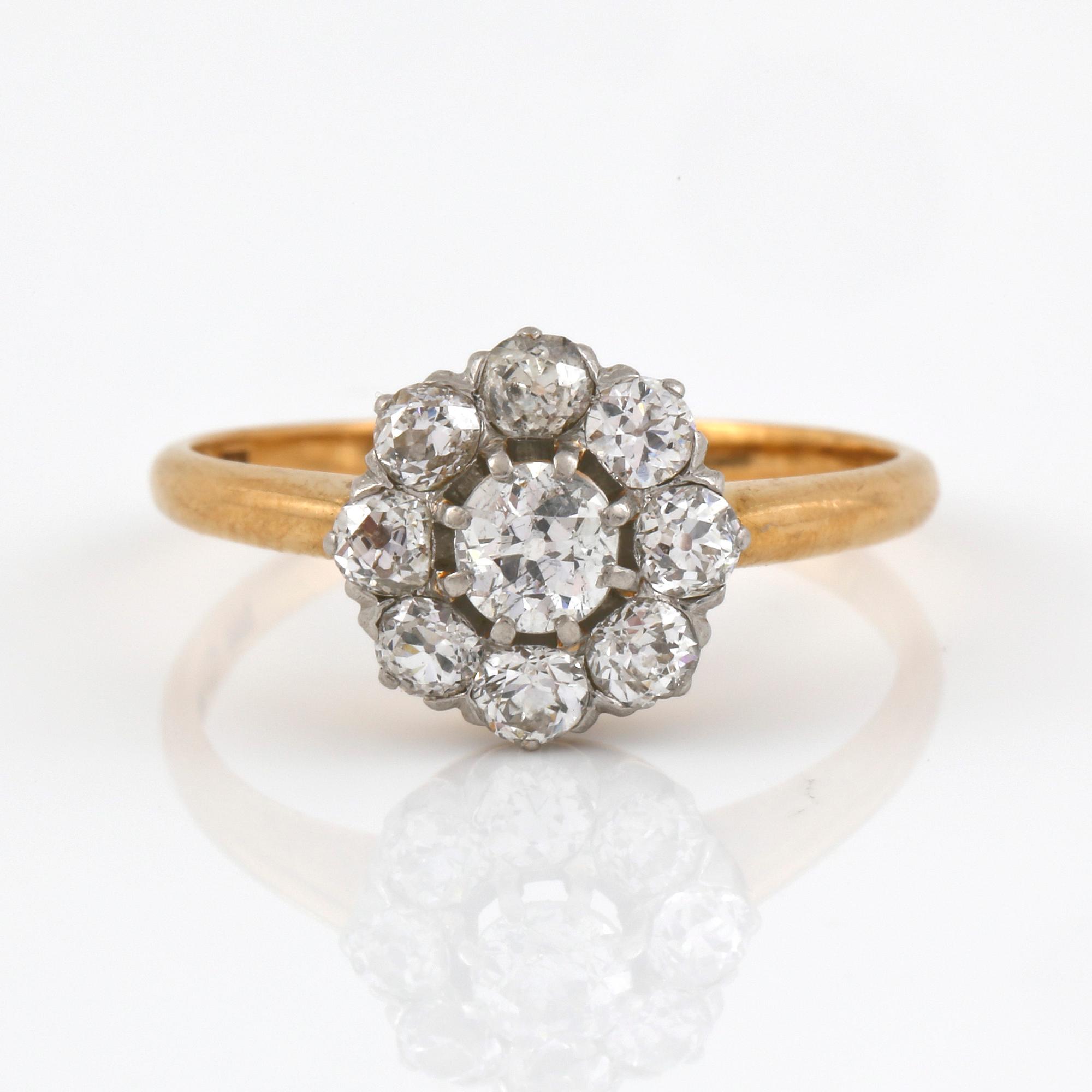 RING, 18K guld med gammalslipade diamanter tot ca 0,89 ct, I Sundström, Stockholm, 1913. Vikt 2,60 g.