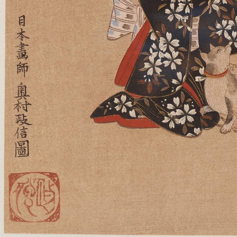 OKUMURA MASANOBU (1686-1764), after, two color woodblock prints. Japan, ca 1900.