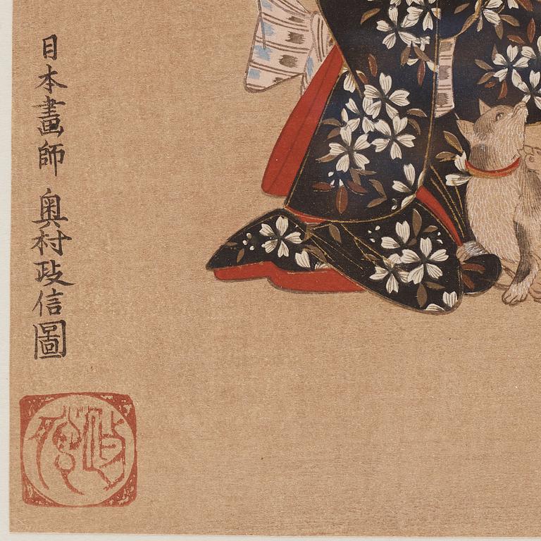 OKUMURA MASANOBU (1686-1764), after, two color woodblock prints. Japan, ca 1900.