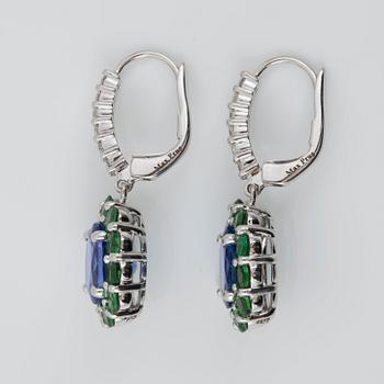 A pair of tanzanite, circa 4.00 cts, tsavorite circa 2.60 cts and diamond earrings.