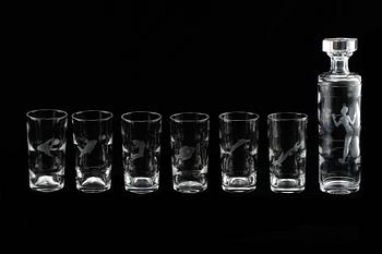 GLAS, 6 st, samt KARAFF, glas, Kosta, 1930/40-tal.