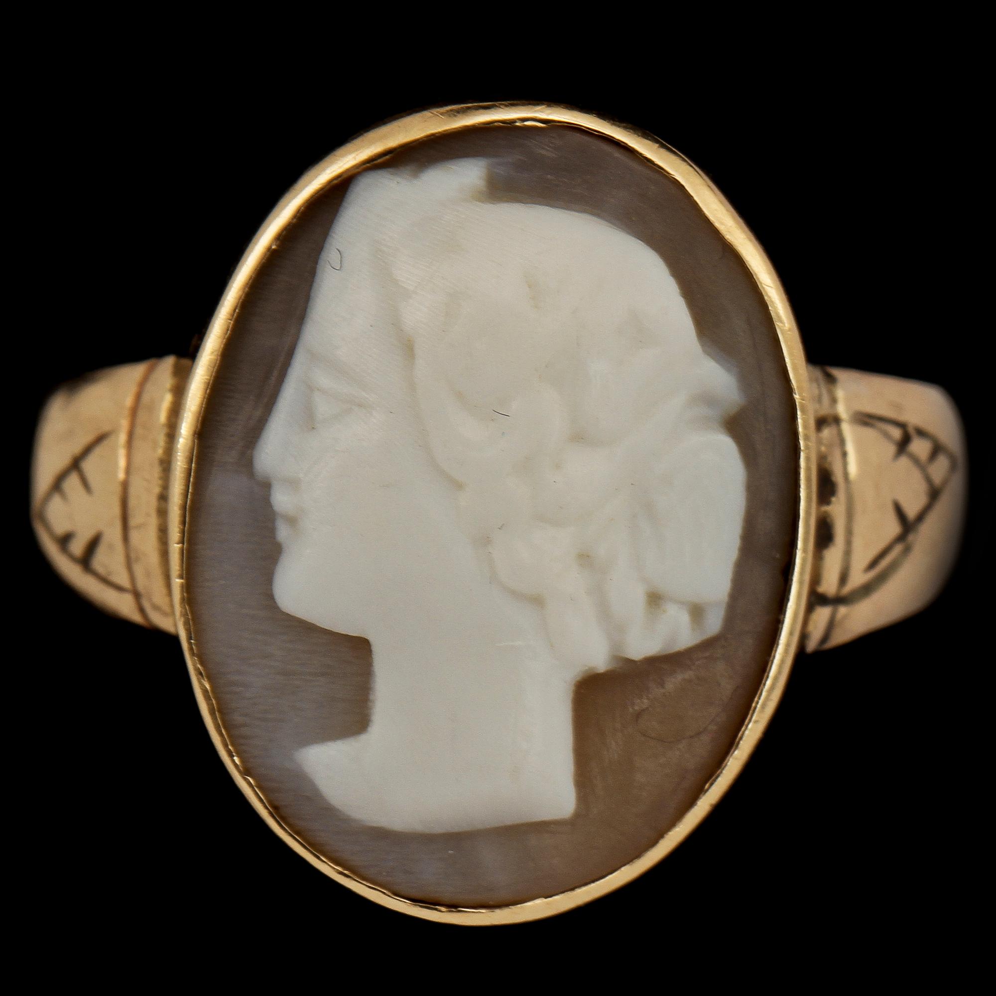 BROSCH, 14k guld samt RING, 8k guld, snäckskalskaméer, 1900-tal, tot vikt 8 g.