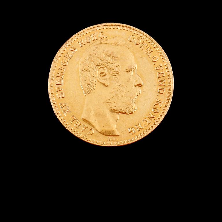 GULDMYNT, 1 carolin/10 francs, Carl XV, 1868. Vikt ca 3 gram.