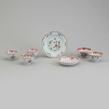 Five famille rose export porcelain cups and two dishes, Qing dynasty, 18th century.