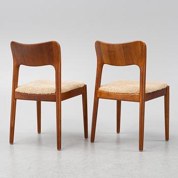 A set of six teak dining chairs upholstered in new sheepskin by Niels Koefoed, Denmark, 1960's.