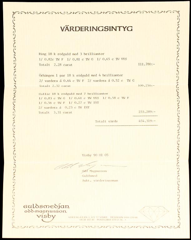 GARNITYR, 4 del, 18 k guld, 14 briljanter tot 7.91 ct.  George Gomes, Guldsmedjan Odd Magnusson, Visby 1987.