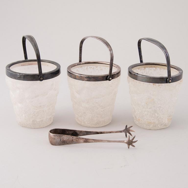 THREE ICE BUCKETS, with ice tong, glass and EPNS, WMF 1920/30:s.