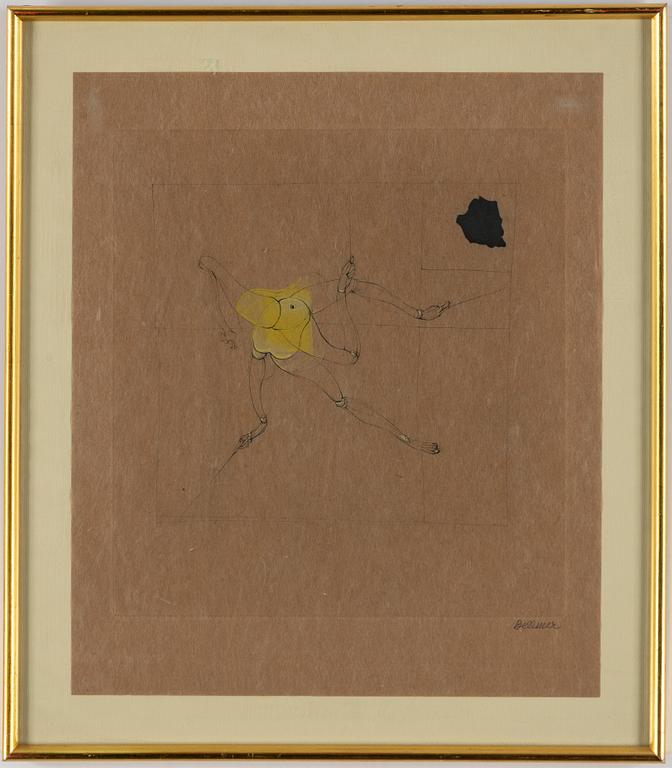 HANS BELLMER, torrnål och akvarell på brunt papper, 1969, signerad med blyerts.