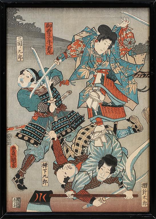 UTAGAWA KUNISADA (TOYOKUNI III), tillskrivna, 3 st, träsnitt, signerad i trycket.