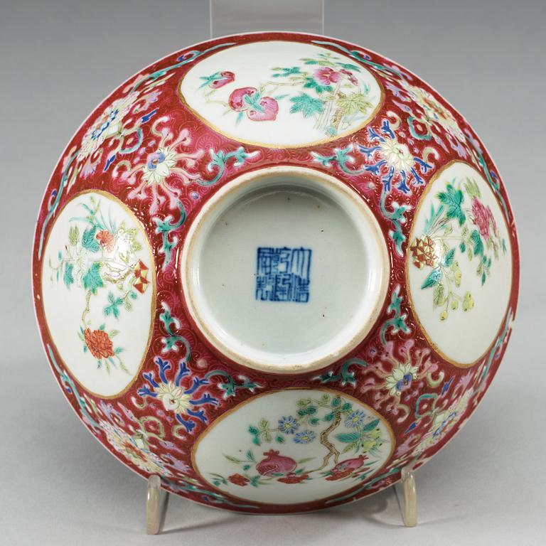 A pink ground sgraffitto bowl, Qing dynasty with Qianlong mark.