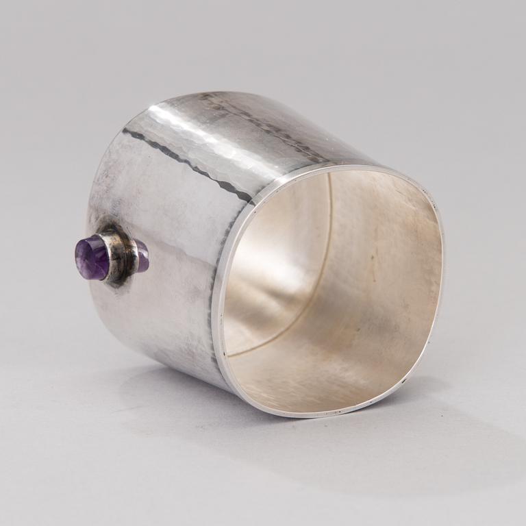 a silver bowl and a beaker with amethyst decor, mark of Reijo Sirkeoja, Hopeataidetakomo, Tampere Finland 1964-65.