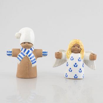 Lisa Larson, three stoneware candlesticks "Julius", "Juliana", "Angel" aswell as a bowl "Guldknopp",  Gustavsberg.