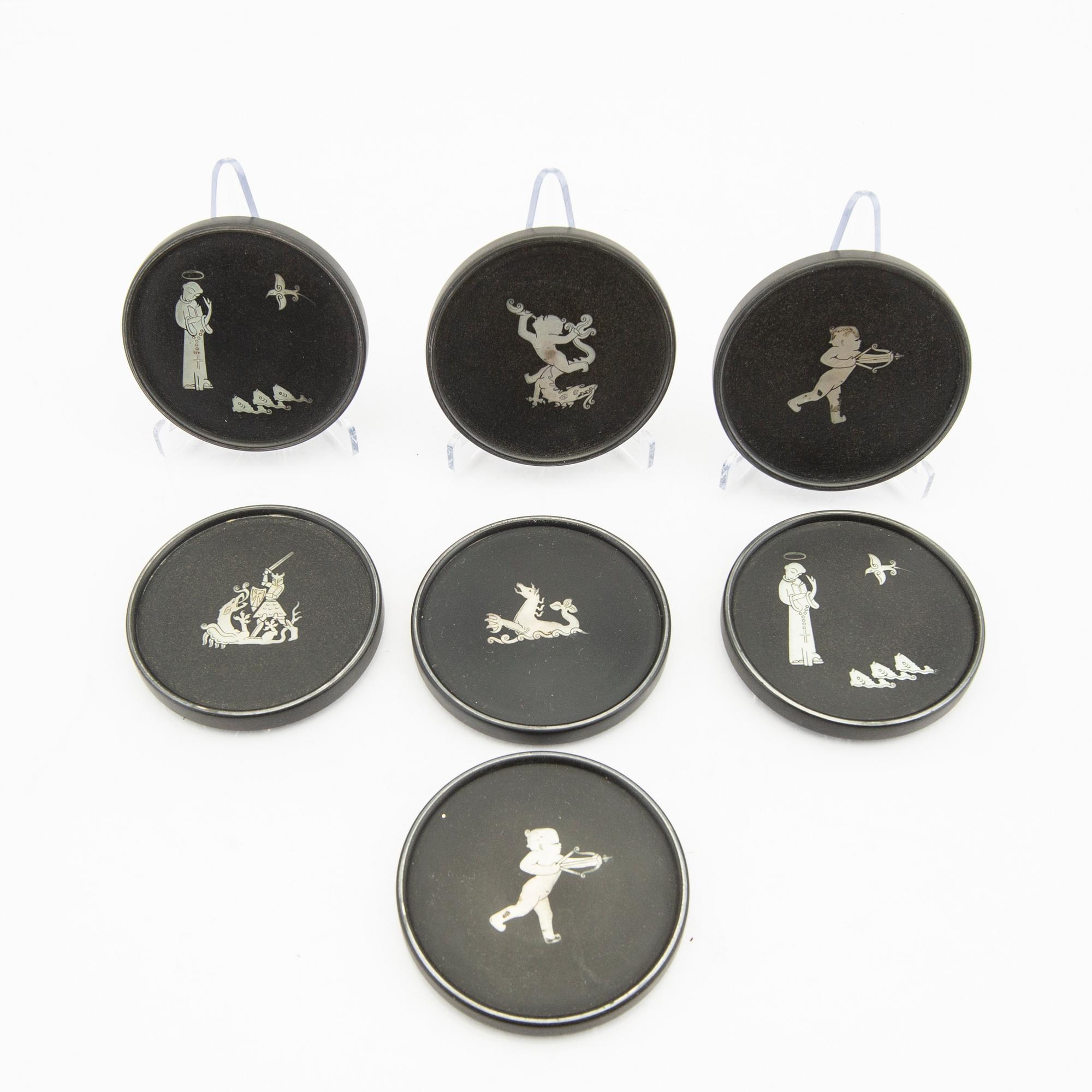 Wilhelmina "Tiddit" Wendt, coasters 7 pcs, isolite with silver inlays, Perstorp, Helsingborg 1956.