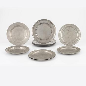 Six pewter plates, Sweden, including Melchior Beck, Stockholm, 1737, and six pewter plates, London, 18/19th century.