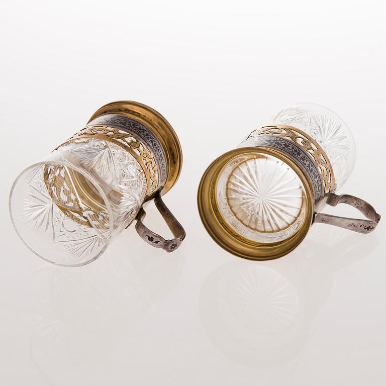 Six Russian tea glass holders, silver, metal and enamel, latter half of the 20th century.