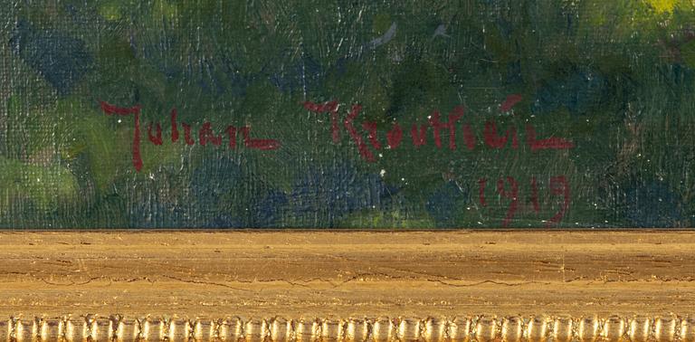 Johan Krouthén, Sommarlandskap med stuga, sjö och kor.