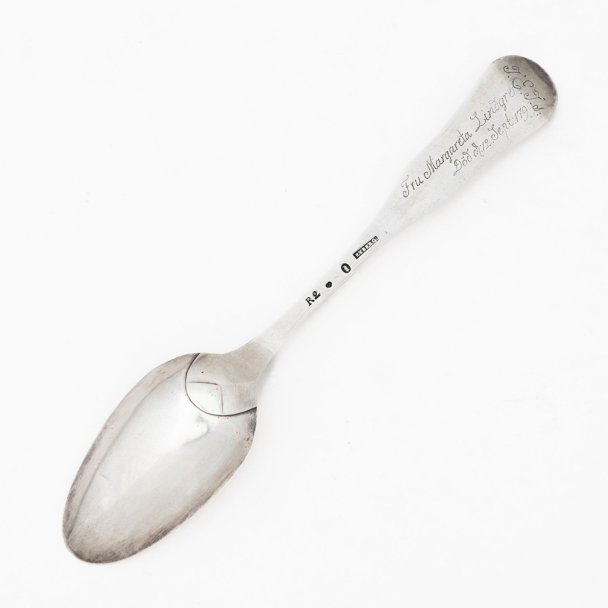 A Swedish silver spoon, mark of Simson Ryberg, Stockholm 1799.