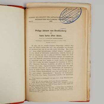 BÖCKER, 2 exemplar, "Philipp Johann von Strahlenberg och hans karta öfver Asien", August Strindberg, Stockholm 1879.