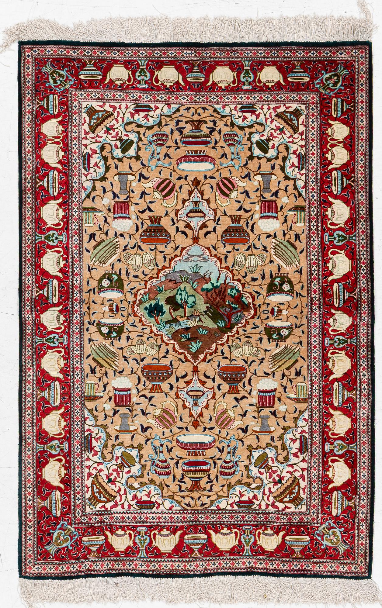 Rug, silk, figural, approx. 151 x 100 cm.