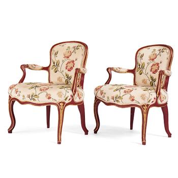 52. A pair of Swedish rococo open armchairs, later part of the 18th century.