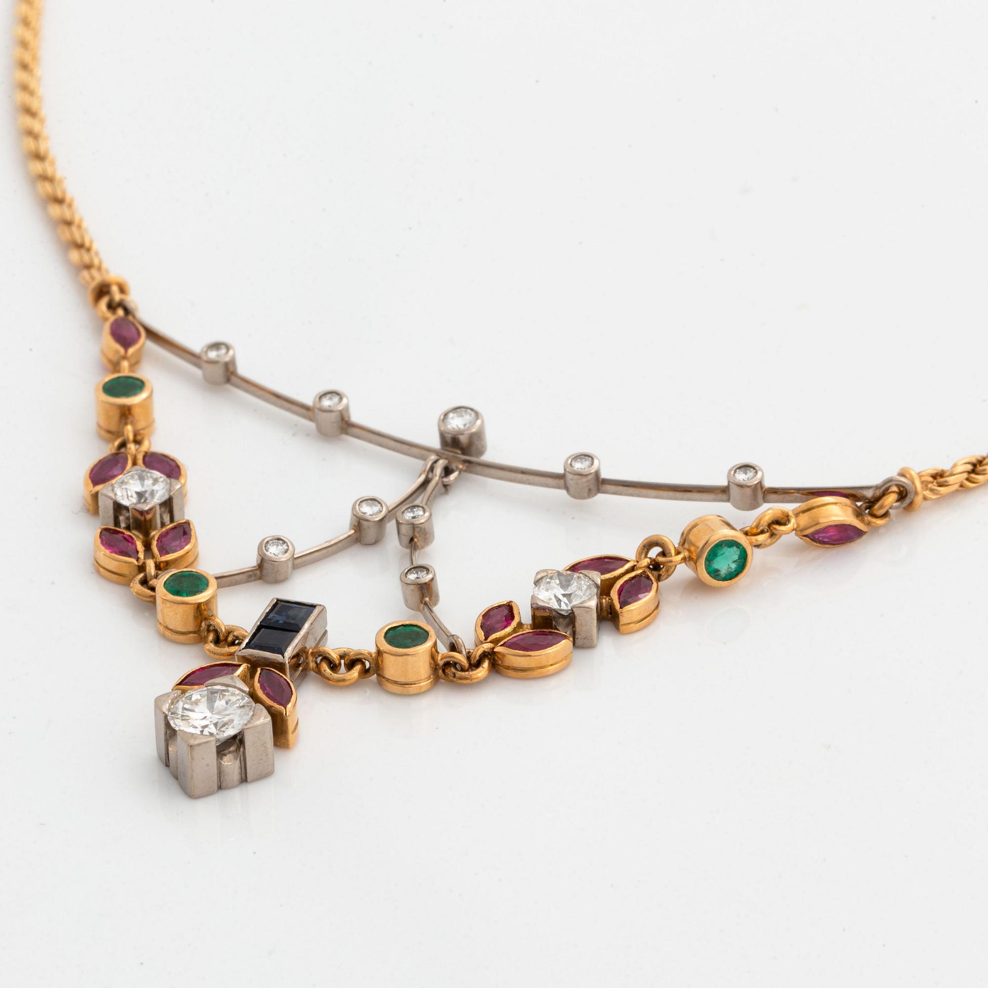 diamond, rubies, and emerald and sapphire necklace.
