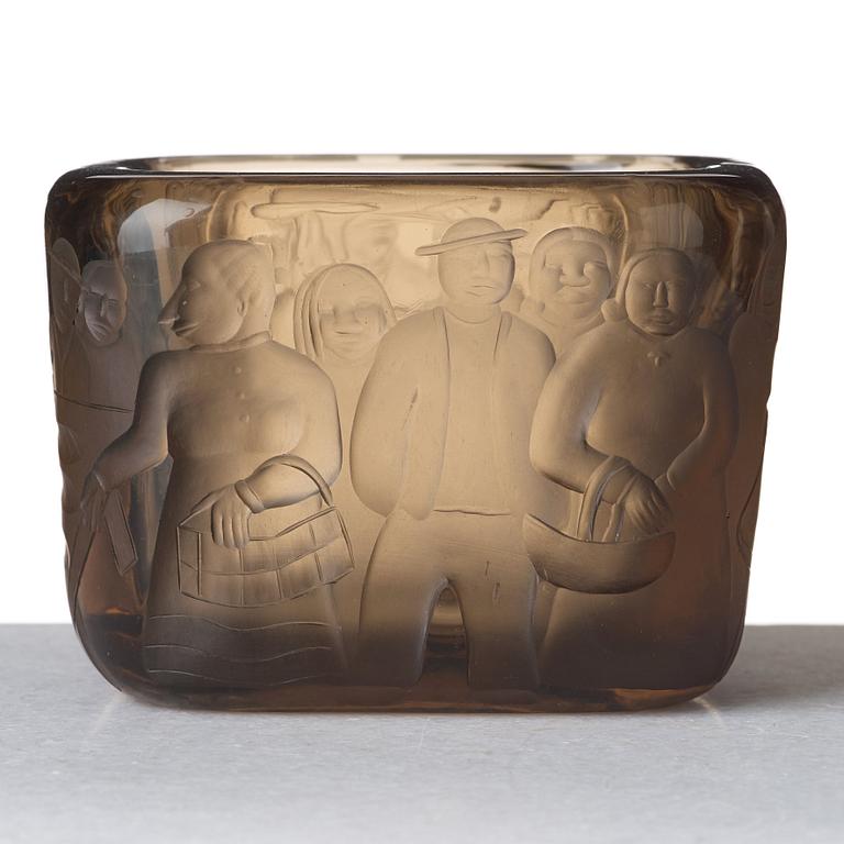 Gunnel Nyman, (born Gustafsson), "Kalatorilla market", a cut, engraved and sand blasted smoked glass bowl, Riihimäki, Finland 1937.