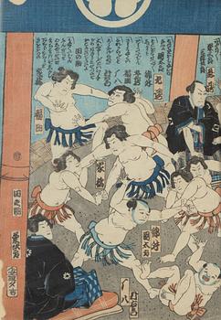 Utagawa School, a woodblock print triptych, later part of the 19th Century.