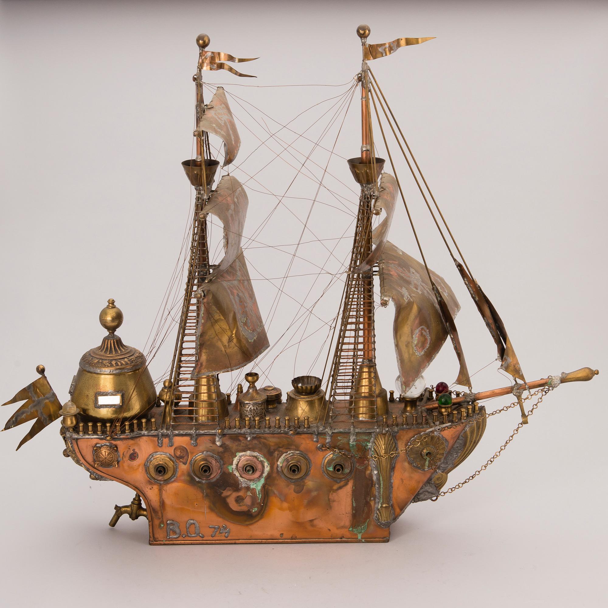 A copper and brass ship model signed B.O. -74.