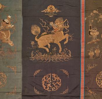 A set of five embroidered silk panels/chair covers, Qing dynasty (1644-1912).