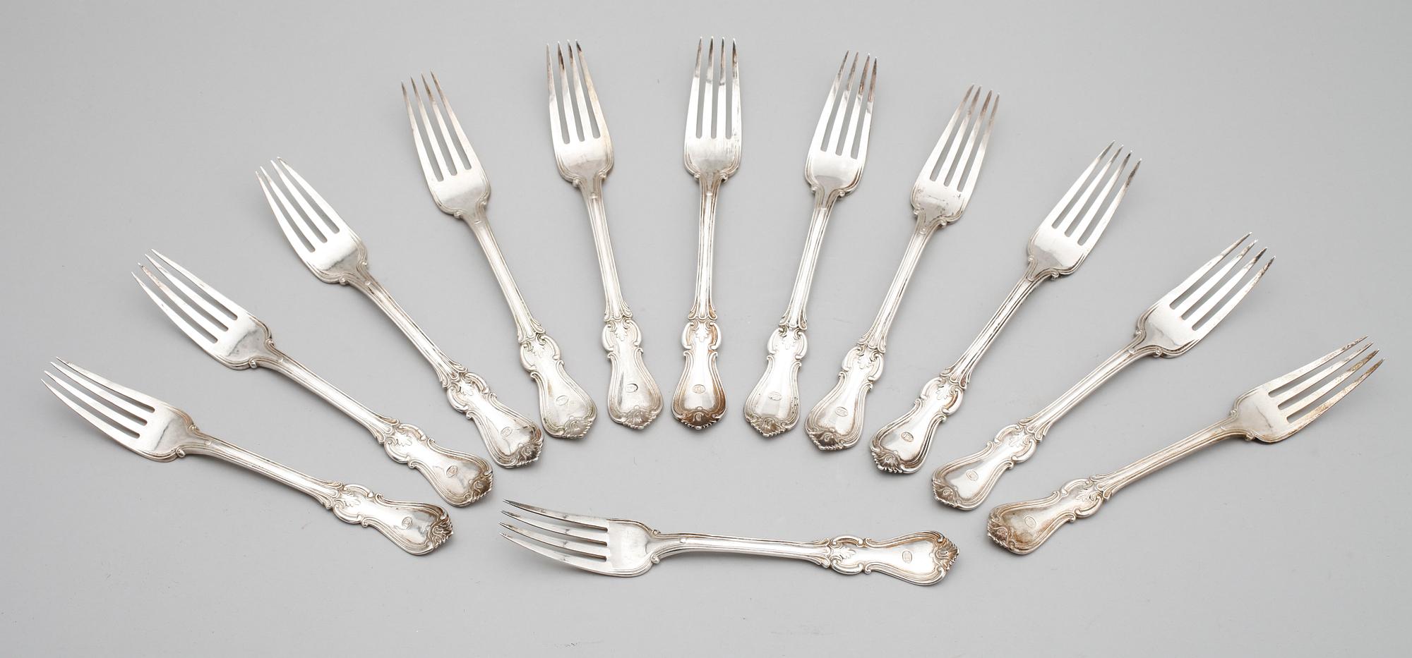 MATGAFFLAR, 12 st, silver, modell Olga, JT Palmgren 1856.  Tot vikt 961 g.