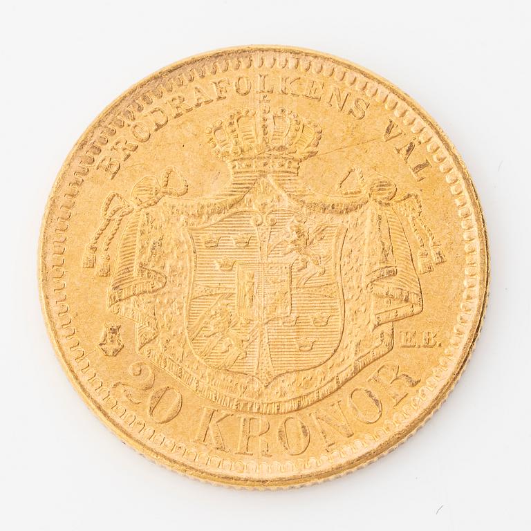 Gold coin, Oscar II, 20 kronor, type III, Sweden 1884.