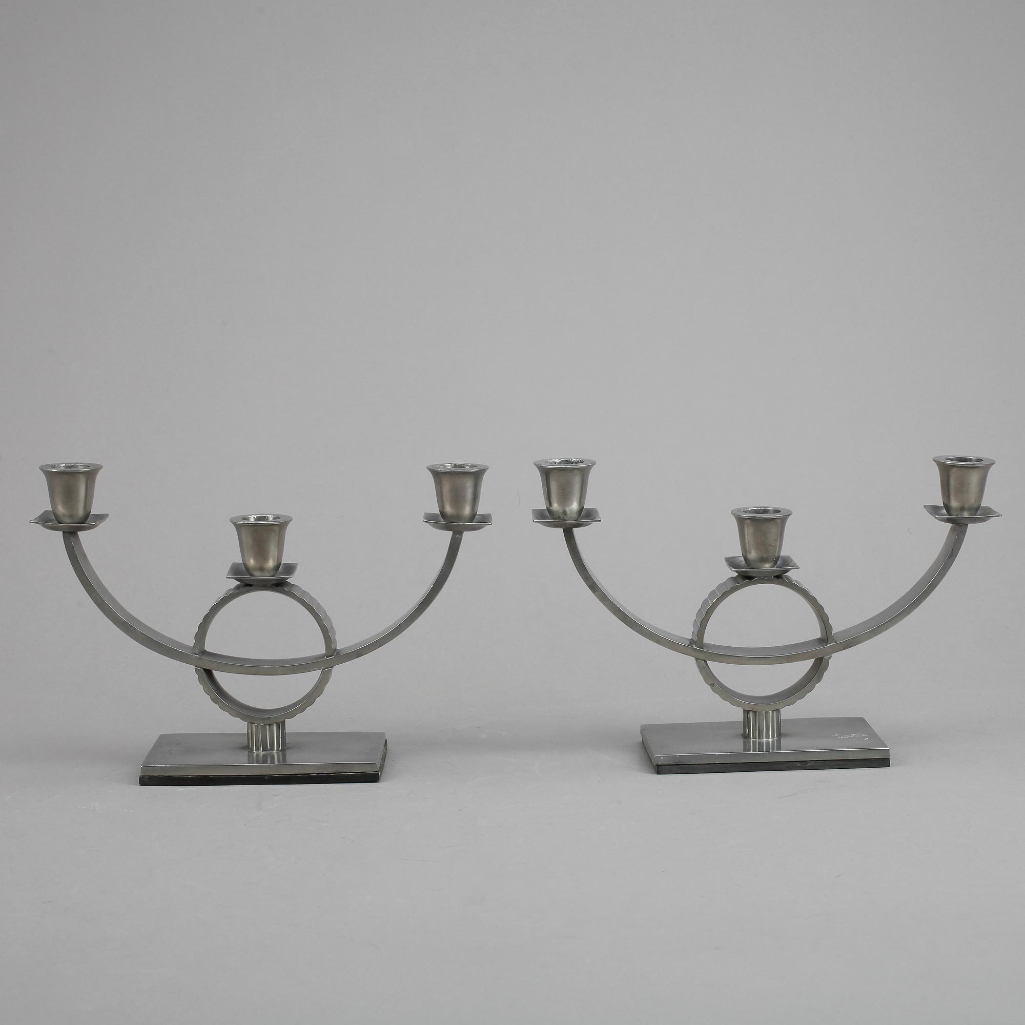 KANDELABRAR, ett par, tenn, Sverige, art deco, 1930-tal.