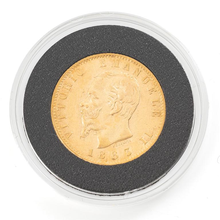 Guldmynt, Italien, Vittorio Emanuele II, 20 Lire, 1863.