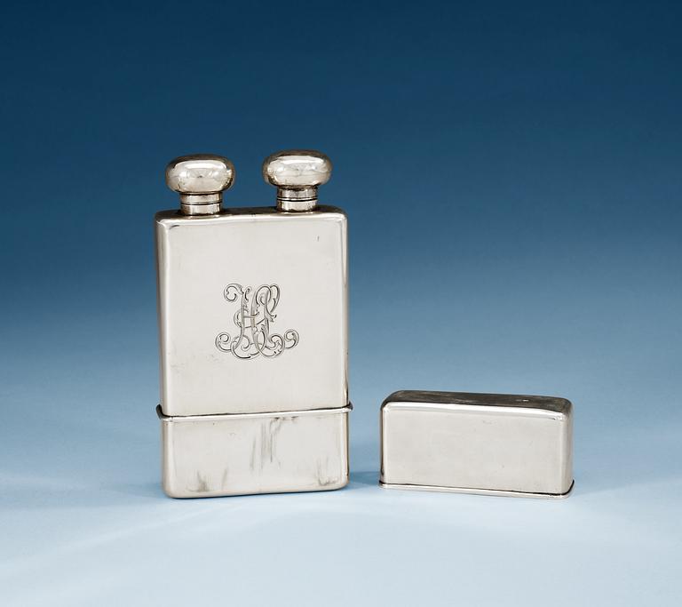 A RUSSIAN PARCEL-GILT POCKET FLASK, un identified makers mark, S:t Petersburg 1880's.