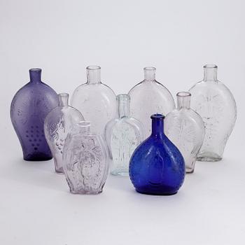 GLASFLASKOR, 9 st, 1800/1900-tal.