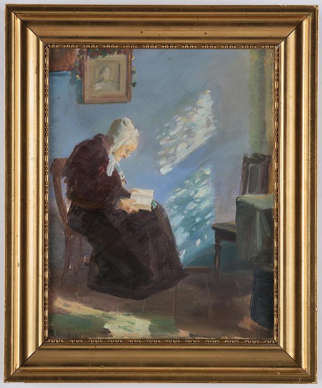 Anna Ancher, Interior of the blue room with the artist's mother Ane Brøndum reading.