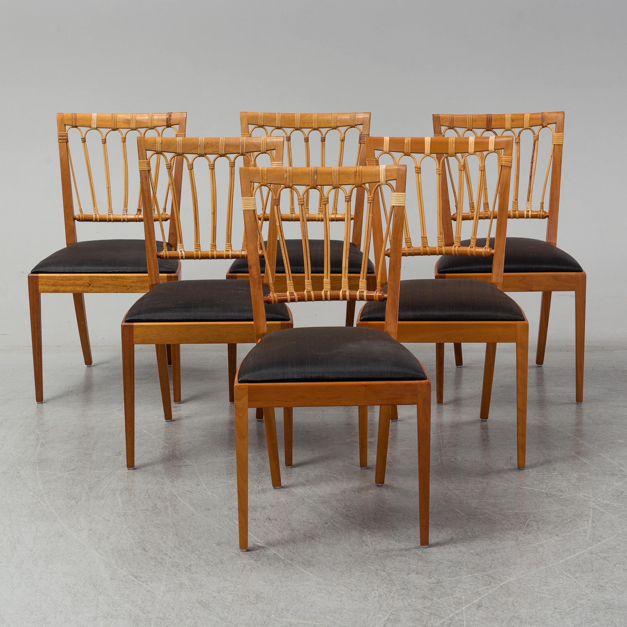 A set of six mahogany and rattan dining chairs, Josef Frank, , model 1165, Svenskt Tenn, Stockholm.
