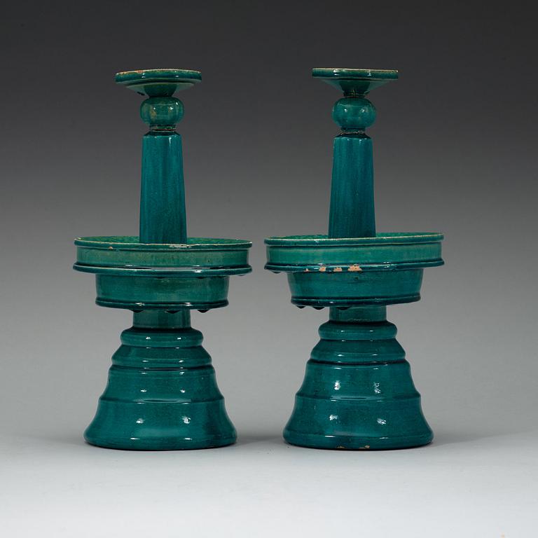 A pair of tukoise glazed alatar sticks, Qing dynasty, 19th Century.