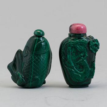 TWO MALACITE SNUFF BOTTLES, East Asian, 20th century.