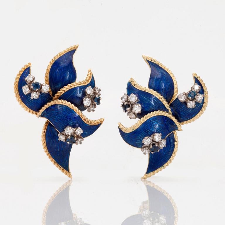 A pair of earrings and a brooch signed Kutchinsky, with enamel, diamonds and sapphires.