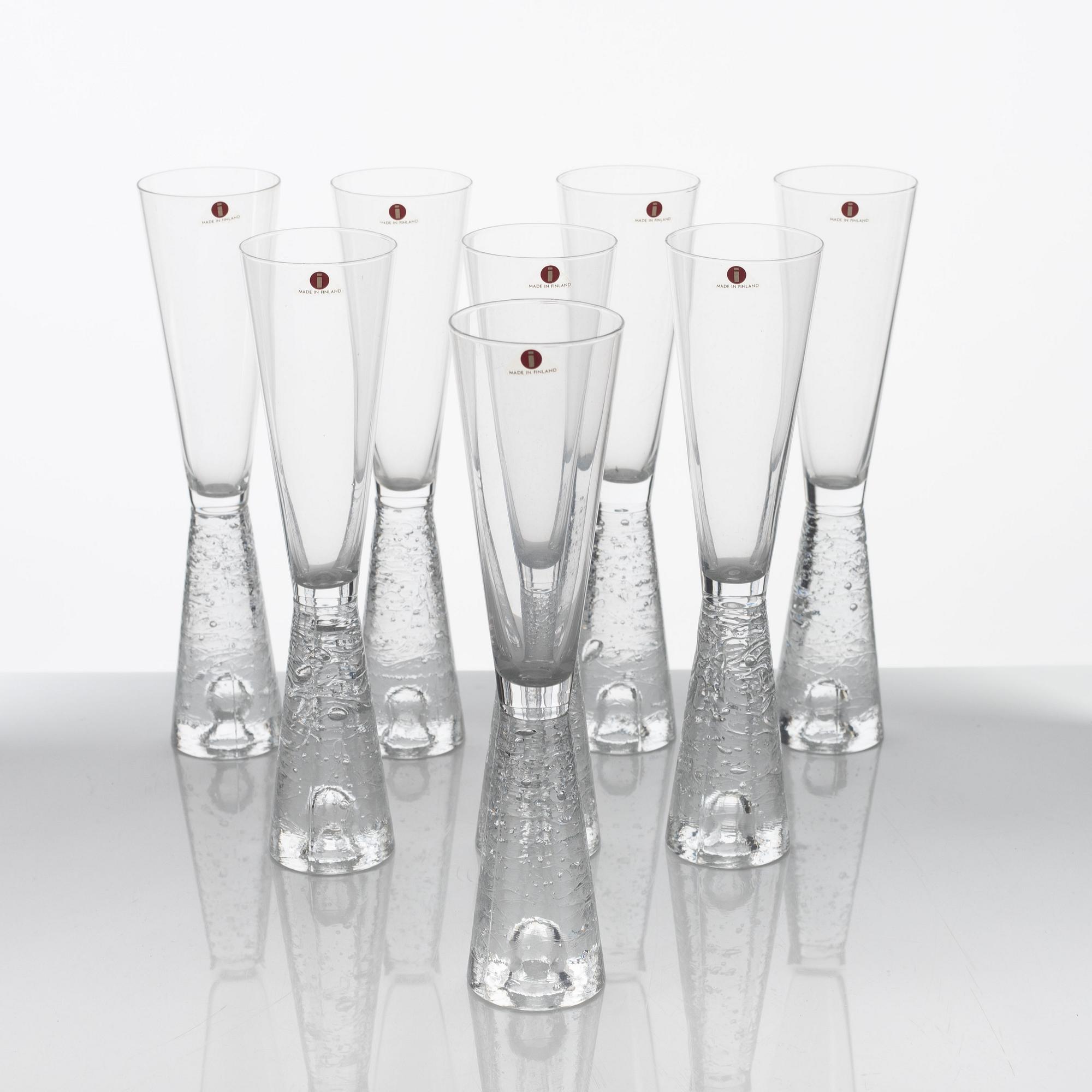 Timo Sarpaneva, eight "Arkipelago" champagne glasses, Iittala, Finland, 1980-1993.