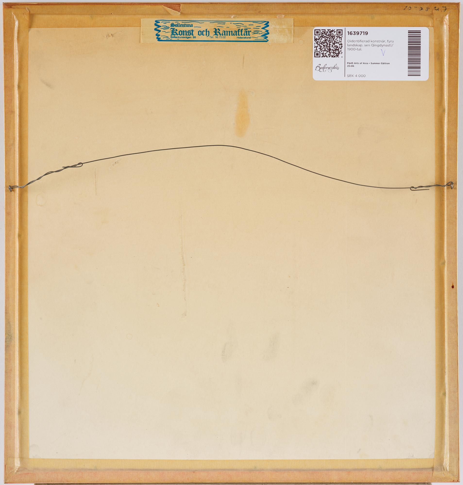 Oidentifierad konstnär, fyra landskap, sen Qingdynasti/ 1900-tal.