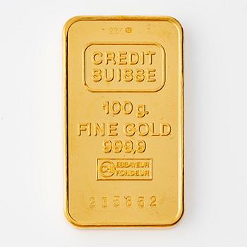 Guldtacka, 24K guld, vikt 100 g.