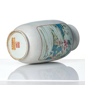 A large famille rose and scrafitto landscape vase, Qing dynasty, with Qianlong seal mark in red.