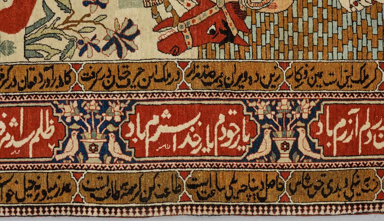 A RUG, a semi-antique Kashan figural, possibly Motachem, ca 202 x 140 cm.