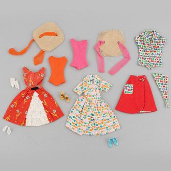 Kläduppsättningar, Barbie,  st, bl a "1606 Barbie Garden Tean Party" & "1634 Barbie Learns to Cook", Mattel, 1960-tal.