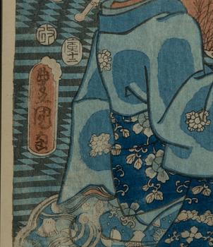 Utagawa Kunisada och Utagawa Kuniyoshi, träsnitt (triptyk resp diptyk).