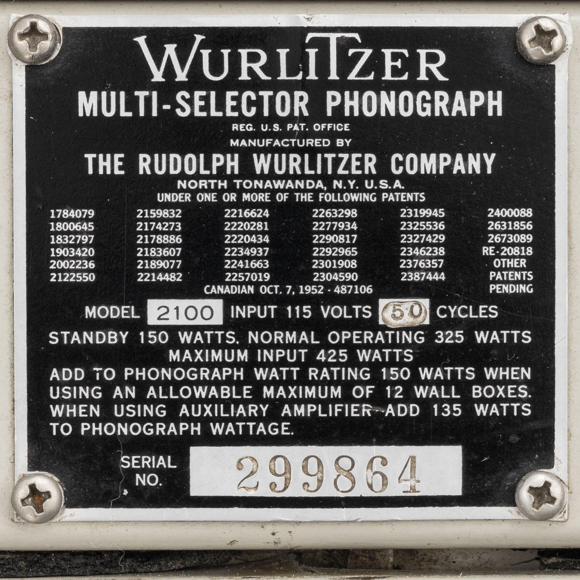 Jukebox, Wurlitzer modell 2100,  Rudolph Wurlitzer Company, North Tonawanda, New York, USA, 1957.